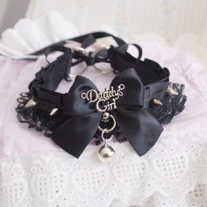 Daddys girl tag spikes black lace choker necklace , kitten pet play collar gear , black bow , gothic cute goth style  DDLG