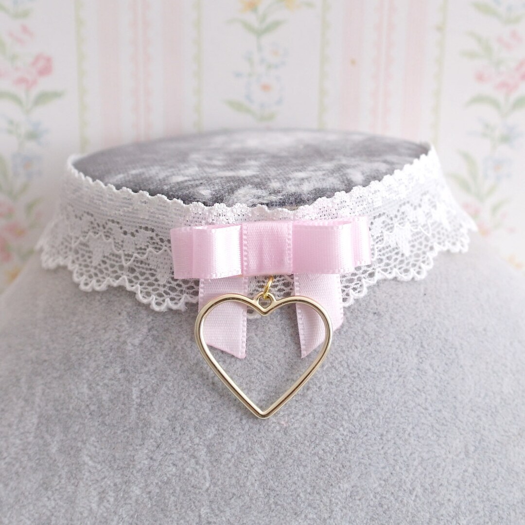 Baby Pink Bow White Lace Choker Necklace Gold Heart Pendant - Etsy
