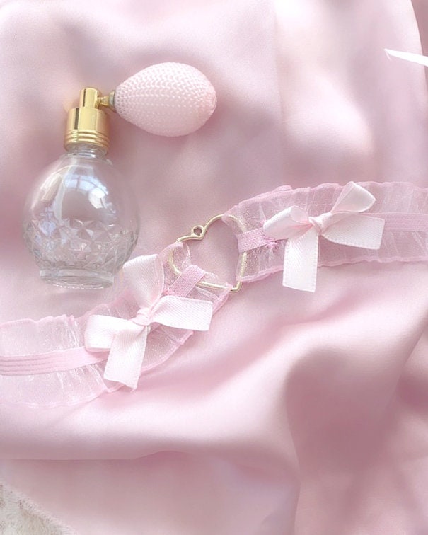Baby Pink Lace Bow Gold Heart Choker Necklace , Cute Jewelry Day Collar ...