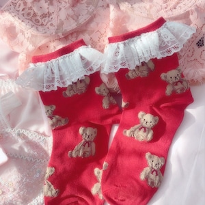 Red Cotton White Lace Frills Teddy Bear Short Socks  , Cute women socks Lolita Kawaii fashion Accessories