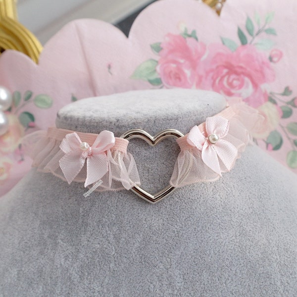 Romantic heart blush pink lace choker necklace, ruffles baby pink bow little pearl , kawaii lovely accessories jewelry