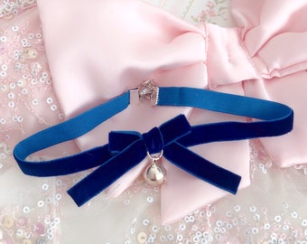 Navy blue velvet choker necklace bow with a bell  , day collar cute jewelry