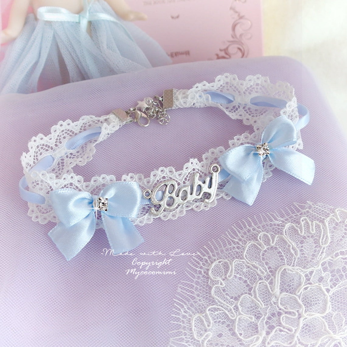 BABY Girl Choker Necklace Lace Light Blue Bow Bling Rhinestone Etsy UK