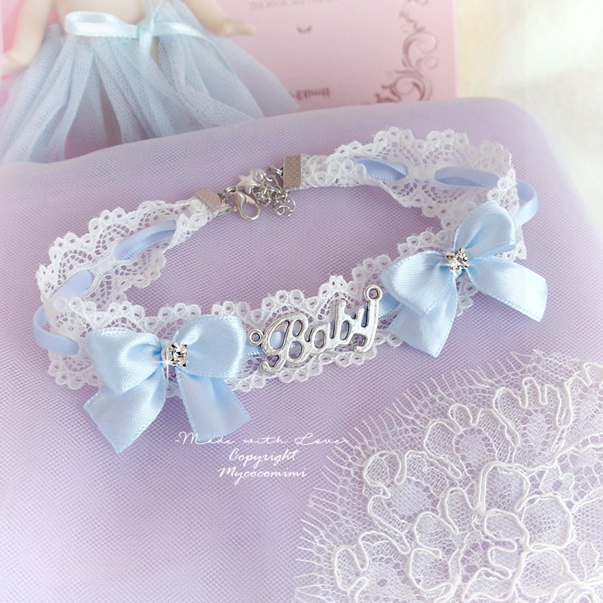 BABY Girl Choker Necklace Lace Light Blue Bow Bling Rhinestone - Etsy UK