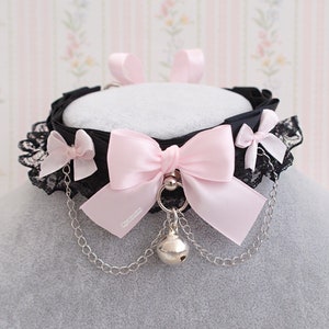 Kitten Pet Play Collar Gear ,Princess DDLG Choker Necklace Black Satin Lace Ruffles Chain Pink Bow Bell Tug Proof Daddys Girl Kawaii pastel