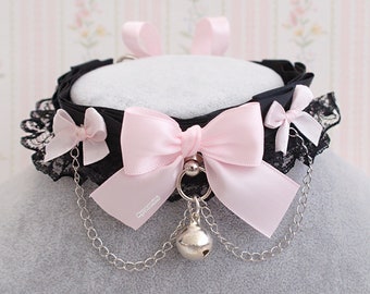 Kitten Pet Play Collar Gear ,Princess DDLG Choker Necklace Black Satin Lace Ruffles Chain Pink Bow Bell Tug Proof Daddys Girl Kawaii pastel