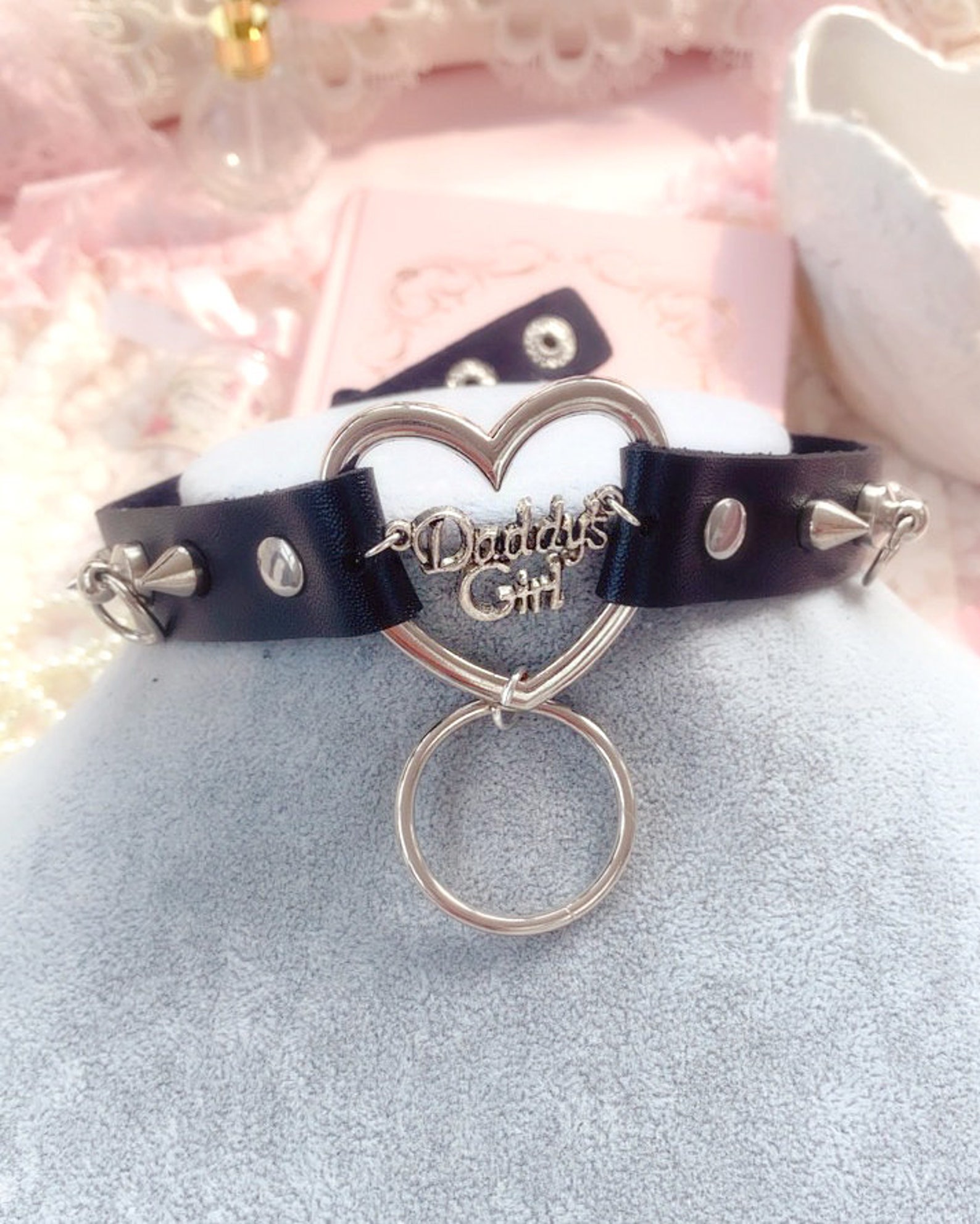 Choker Necklace Daddys Girl Black Faux Leather Heart O Ring Etsy Italia