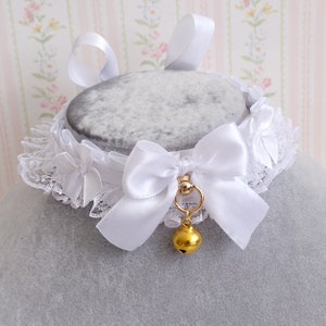 Cute All White Choker necklace , kitten play collar , satin lace ruffles bow gold ring with bell , kawaii fashion accessories