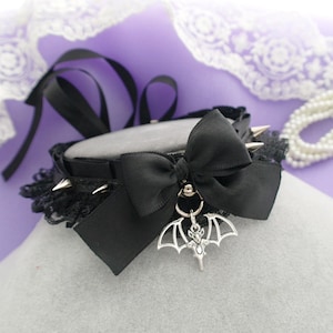 Bat Pendant Spikes Studs Gothic Choker Necklace Kitten Play Collar , Black Satin Lace Bow , Jewelry Dark Kaaii goth Accessories