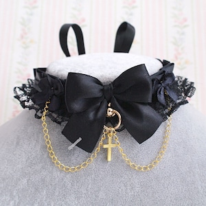 All black gold cross choker necklace, kitten play collar , lace ruffles chain , goth gothic kawaii style jewelry