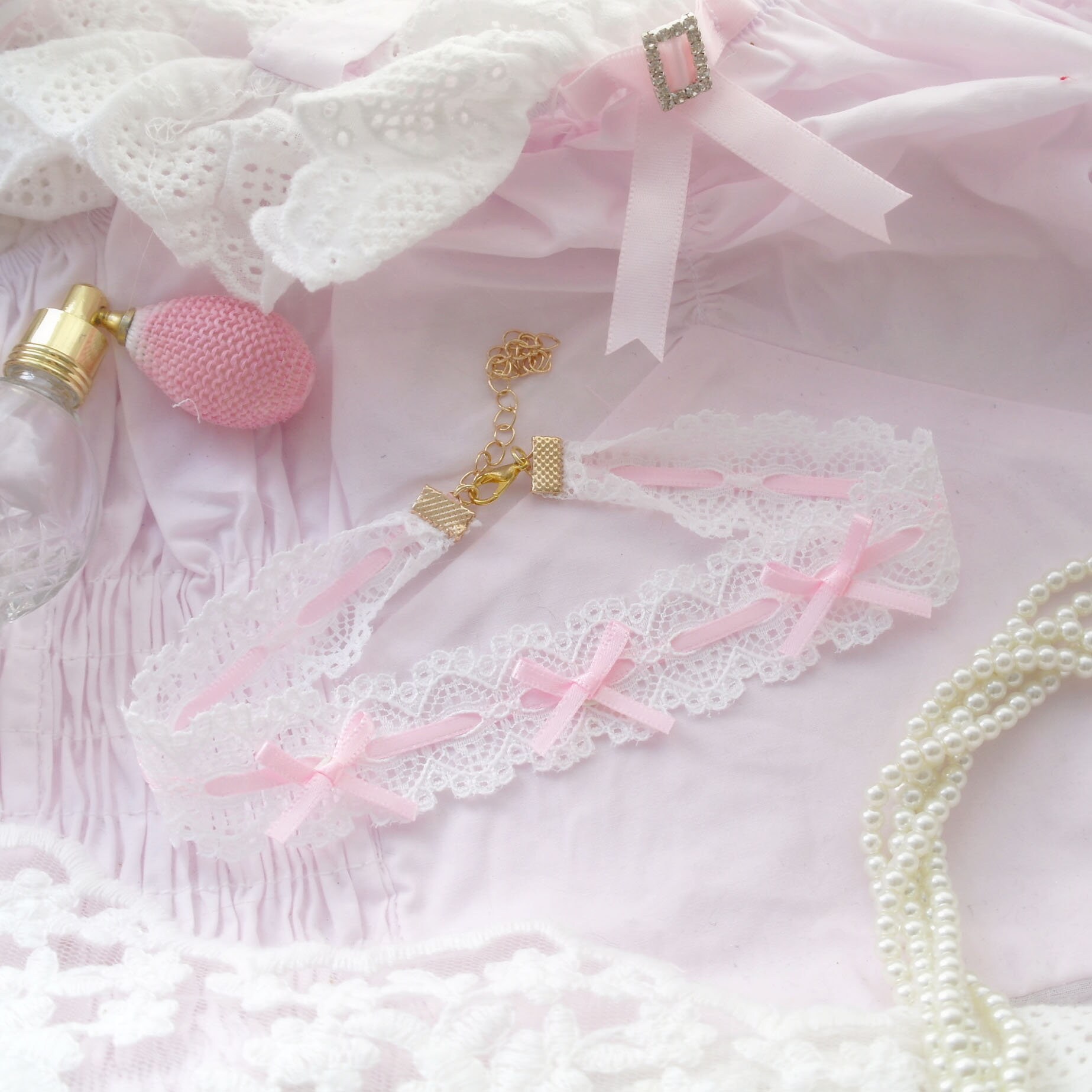 Sweet Cute White Lace Little Baby Pink Bow Choker Necklace, Day Collar ...