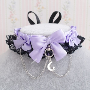 Lilac light purple choker necklace , kitten play collar, black lace ruffles bow little crescent moon chain  , kawaii pastel goth style