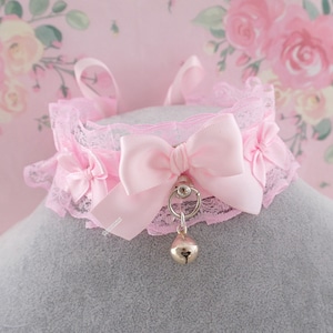 All pink choker necklace , kitten play collar , baby pink lace bow with a bell , pastel kawaii DDLG jewelry accessories
