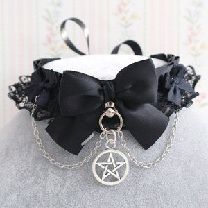 Pentagram pendant black satin choker necklace,kitten play collar, black lace ruffles with chain , gothic goth style wicca