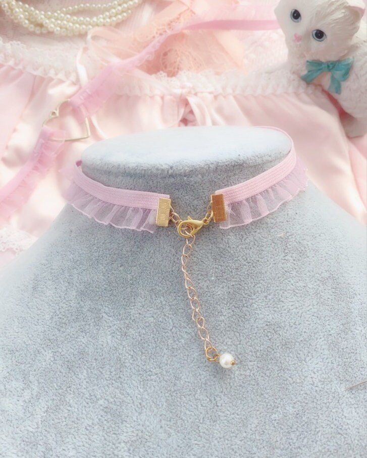 Baby Pink Ruffles Lace Pearl Heart Choker Necklace, Cute Lolita