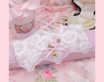 Coquette Angelic Pink Flower 6cm Wide White Lace Choker Necklace Little Bow and Gold Heart, Satin tie bow closure, fairy core jewelry