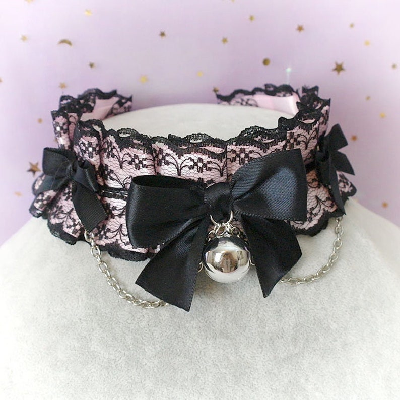 Choker Necklace Kitten Pet Play Collar Pink Black Lace Bow | Etsy