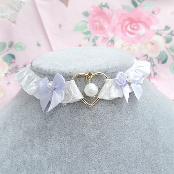 Angelic white ruffles lace choker necklace, gold heart faux pearl pendant little lilac purple bow , super cute day collar kawaii ,special