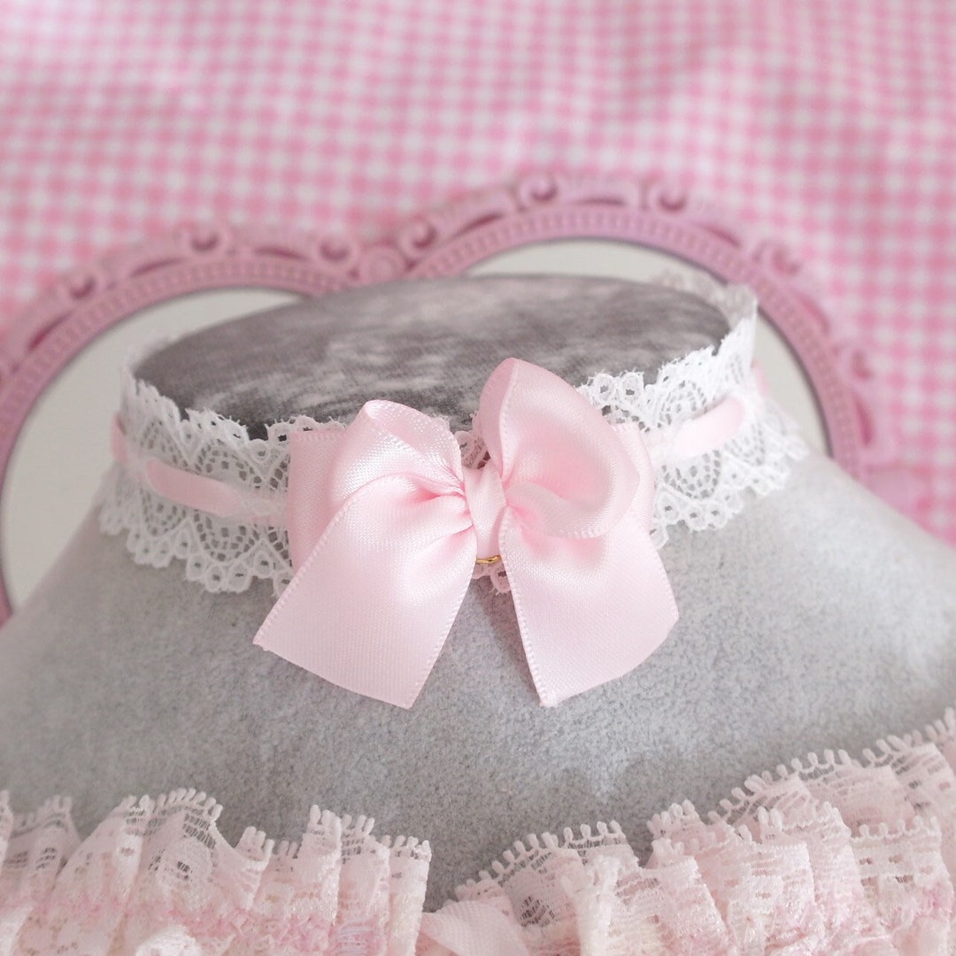 Off White Lace Baby Pink Bow Choker Necklace , Pastel Romantic Jewelry ...