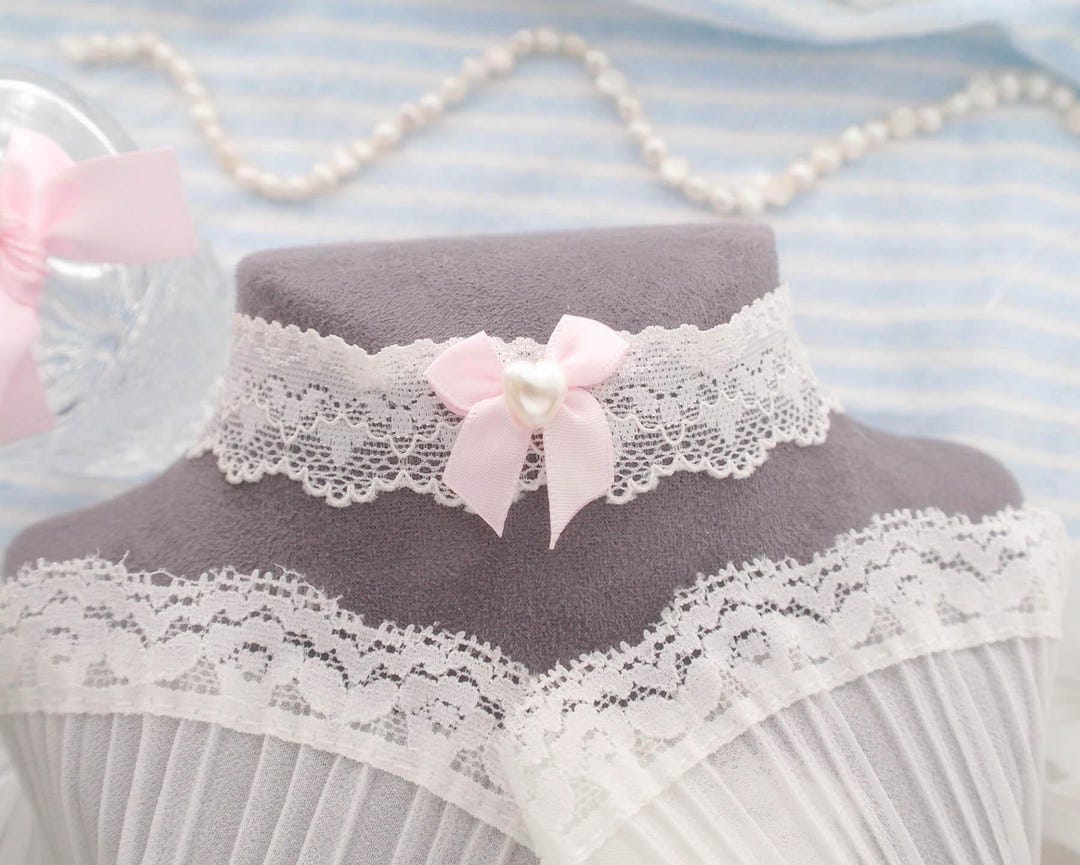Elegance Soft White Lace Choker Necklace , Faux Pearl Heart Baby Pink ...