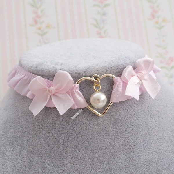 Baby pink ruffles lace choker necklace, gold heart faux pearl pendant , super cute day collar kawaii