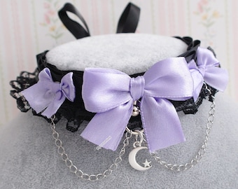 Lilac Purple bow choker necklace, kitten play collar, black lace ruffles little crescent moon with chain, pastel goth ddlg jewelry