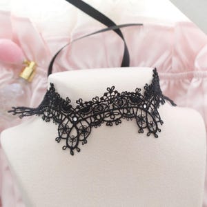 Rococo Style Black Lace Choker Necklace Collar Ribbon Tie Back , Victorian Style Jewelry Dark Gothic