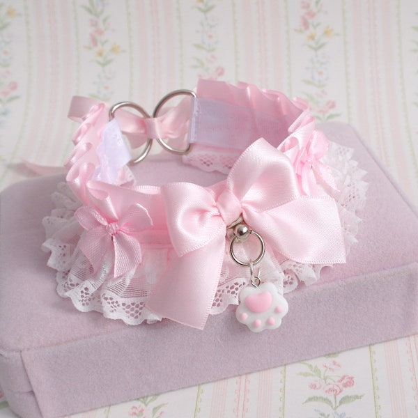 Little paw pendant baby pink choker necklace ,kitten play collar , white lace ruffles bow , super kawaii accessories ddlg