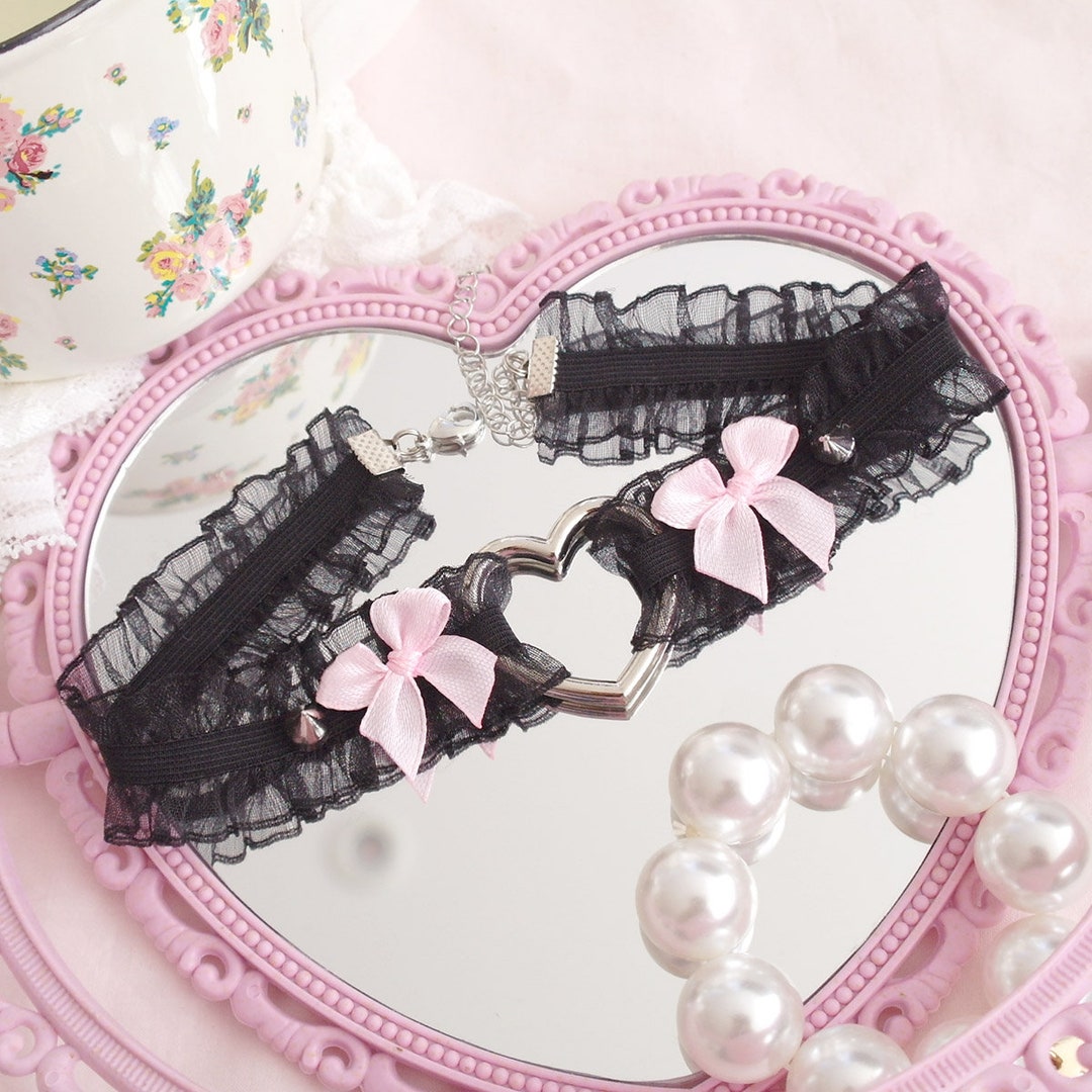 Black Lace Ruffles Heart Choker Necklace , Baby Pink Bow Silver Stud ...