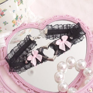 Black lace ruffles heart choker necklace  , baby pink bow silver stud rivet , kawaii goth alternative jewelry