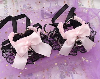 Pink Bow Kitten Play Cuffs, Black Lace Wrist Cuffs Set, Pastel Goth Kawaii Pet Play Gear, DDLG Accessories, Cute Anime Cosplay Bracelets