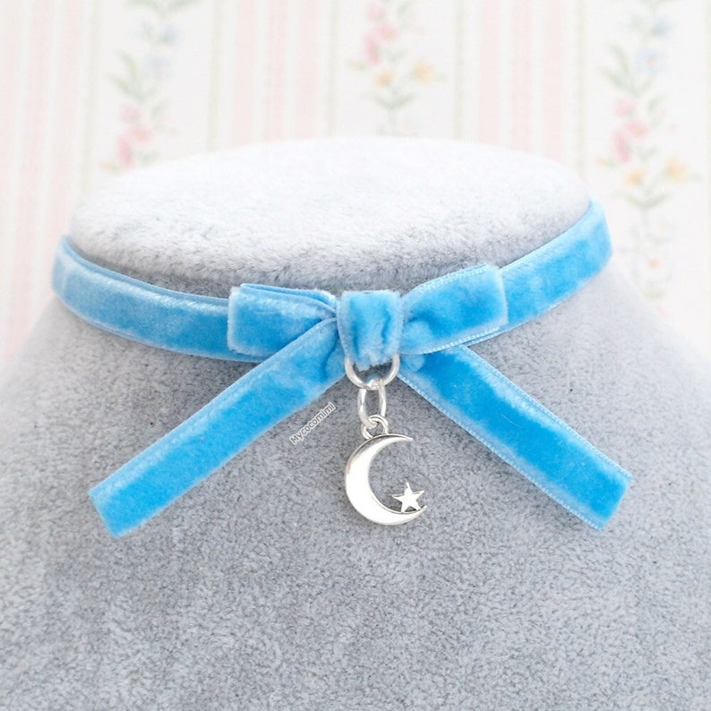 Light blue velvet bow choker necklace , little crescent moon pendant , cute hotsell jewelry accessories