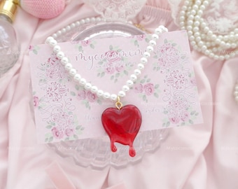 Dripping Heart Faux Pearl necklace ,bleeding red heart kawaii goth accessories, gift for her