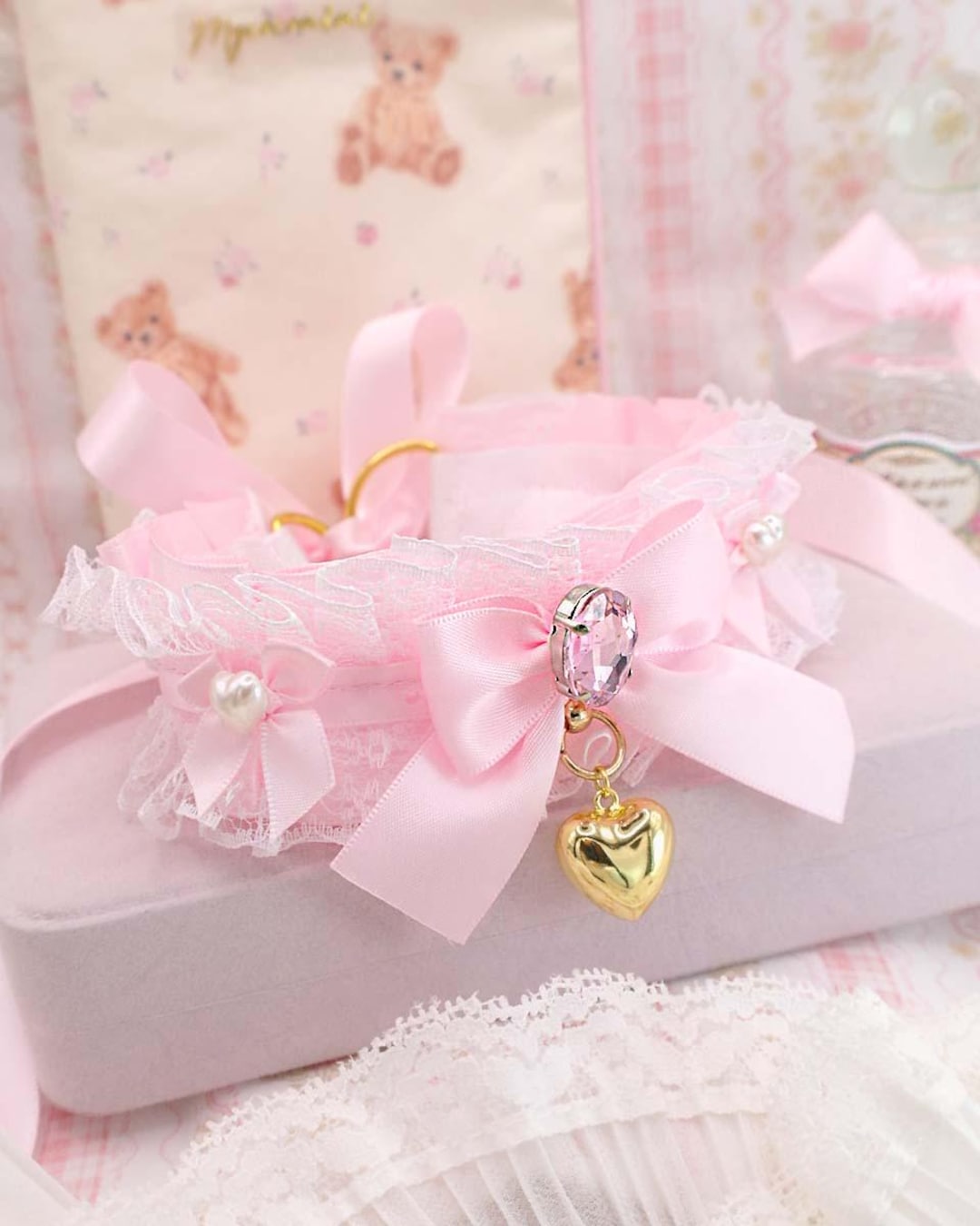 Dreamy Romantic Gold Heart Baby Pink Choker Necklace , Kitten Pet Play ...