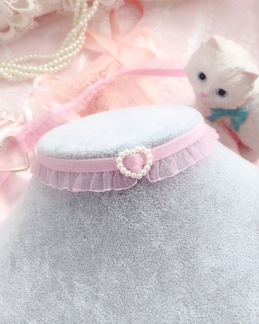 Baby Pink Ruffles Lace Pearl Heart Choker Necklace, Cute Lolita Sweet ...