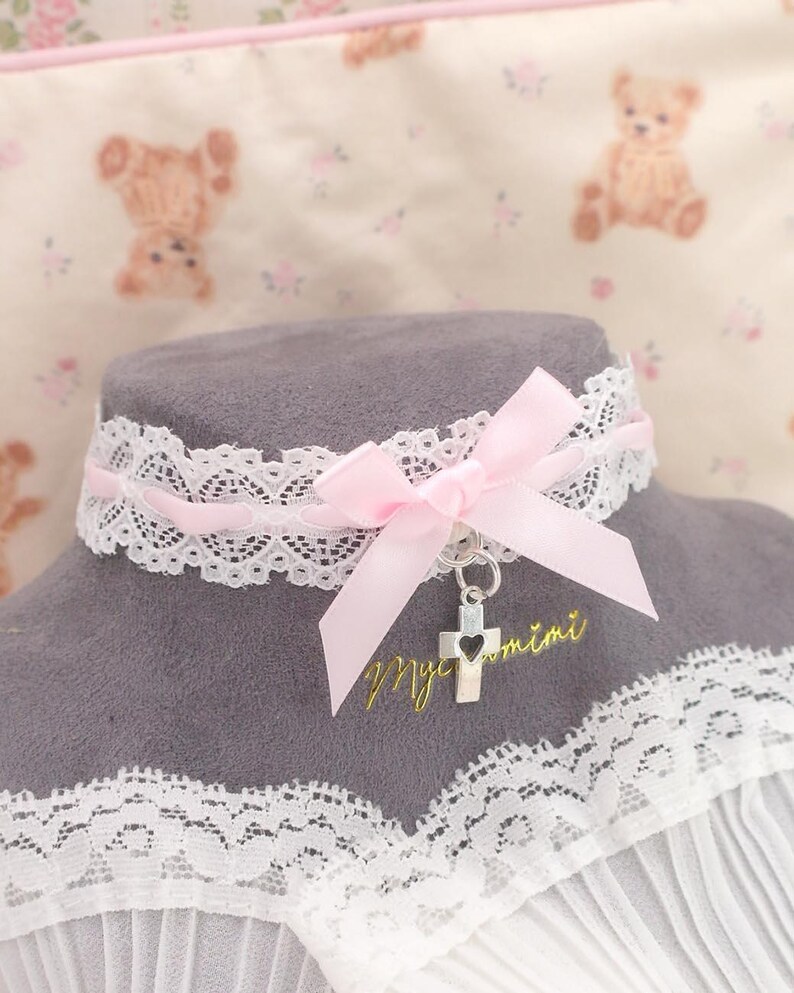 Heart Cross Pendant Kawaii White Lace Baby Pink Bow Choker Necklace ...