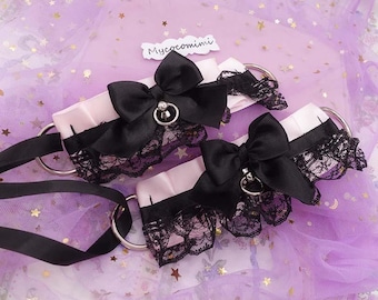 Pink KittenPlay Cuffs, Black Bow Lace Wrist Cuffs Set, Pastel Goth Kawaii Pet Play Gear, DDLG Accessories, Cute Anime Cosplay Bracelets