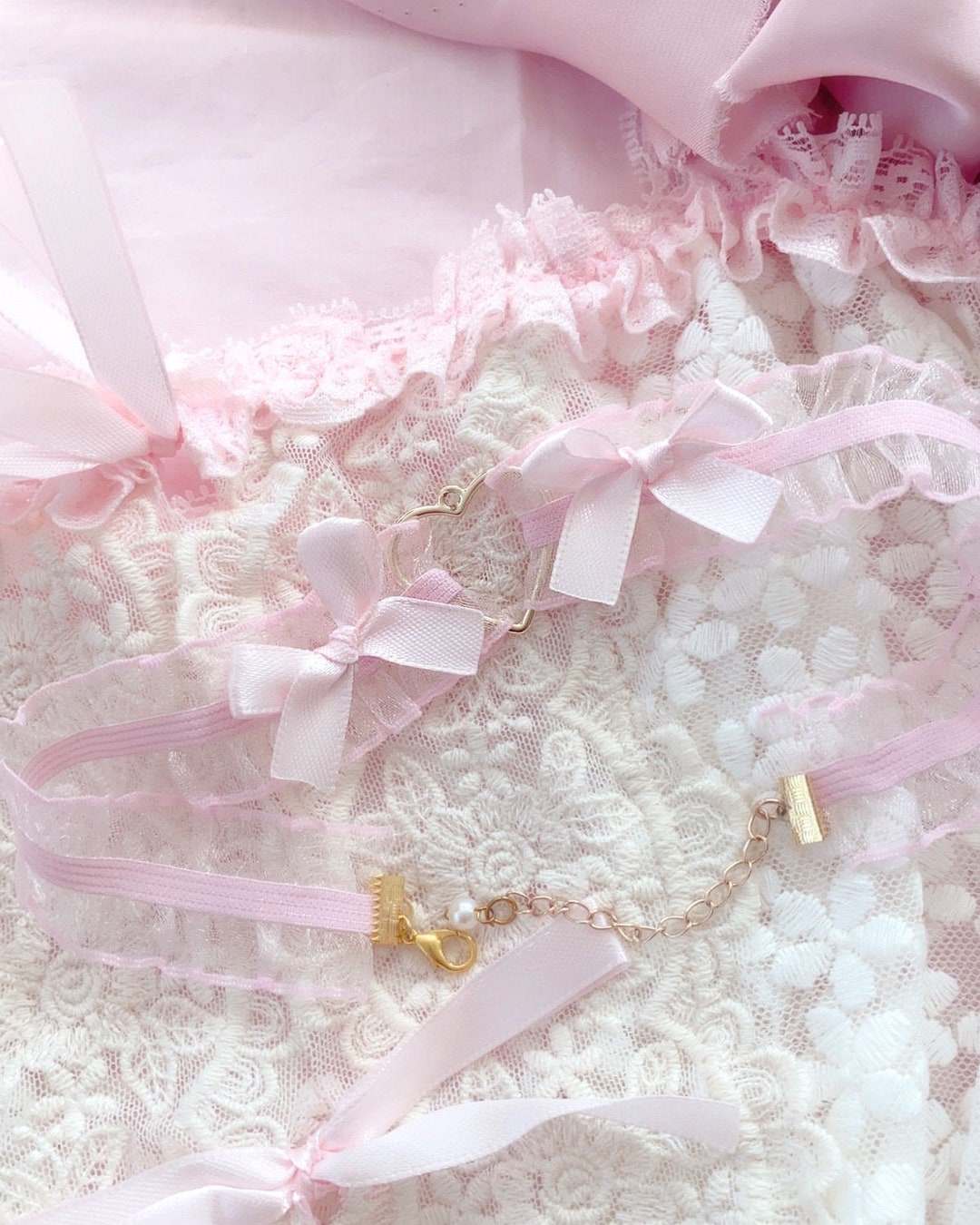 Baby Pink Lace Bow Gold Heart Choker Necklace , Cute Jewelry Day Collar ...