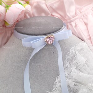 Coquette Baby Blue Satin Ribbon  Long bow choker necklace , Rhinestone Heart Choker , Soft Girl princess core Cute sweet handmade jewellry