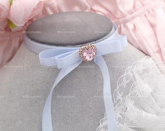 Coquette Baby Blue Satin Ribbon  Long bow choker necklace , Rhinestone Heart Choker , Soft Girl princess core Cute sweet handmade jewellry