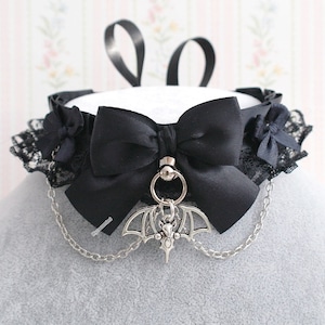 Gothic bat pendant choker necklace, kitten play collar, black satin lace with chain, goth dark style jewelry