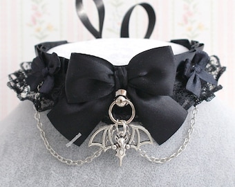 Gothic bat pendant choker necklace, kitten play collar, black satin lace with chain, goth dark style jewelry