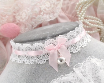 Kawaii white lace baby pink bow choker necklace , little  bell , cute pastel  day collar jewelry neko girl
