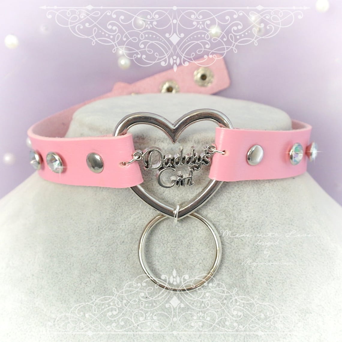 DDLG Daddys Girl Choker Necklace Pink Faux Leather Heart Bling Etsy