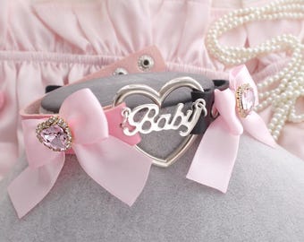 Baby Tag Choker Necklace Pink and Black Faux Leather Rhinestone Heart Bow Luxury Kitten Play Collar Submissive Princess DDLG