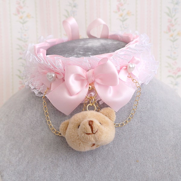 Teddy Bear Choker Necklace Kitten Play Collar Gear ,DDLG Baby Pink Bow White Lace Pearl Bow with chain , Kawaii Adult baby Cute DDLG jewelry