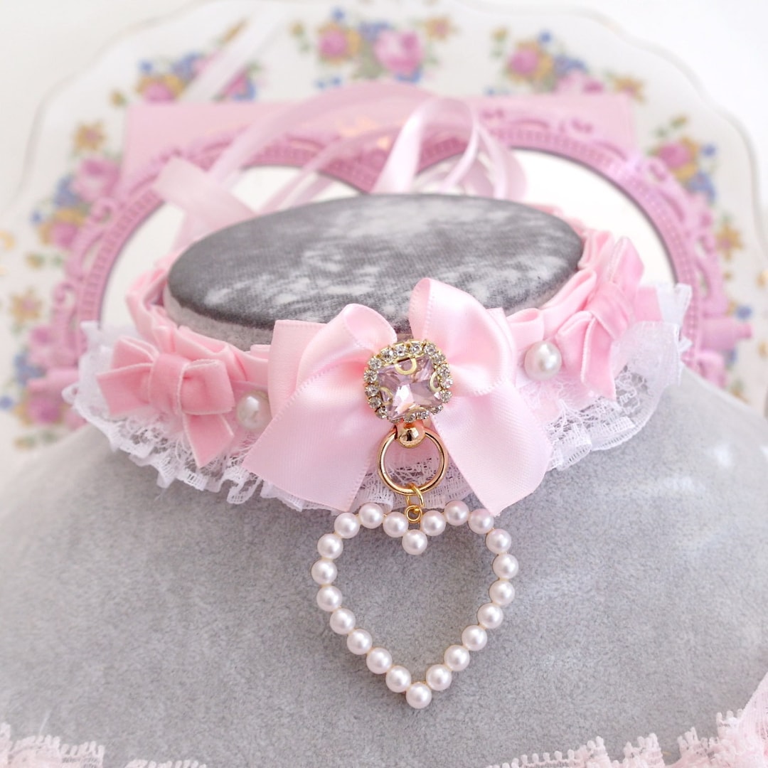 Pink Princess Rhinestone Luxury Princess Rhinestone Pearl Heart Baby Pink Choker Necklace ...