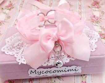 Baby Pink Kitten Play Collar White Lace Ruffle Bow Choker with Bell