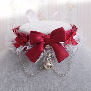 Burgundy red choker necklace, kitten play collar , white lace ruffles bow chain with a bell , gothic sweet style