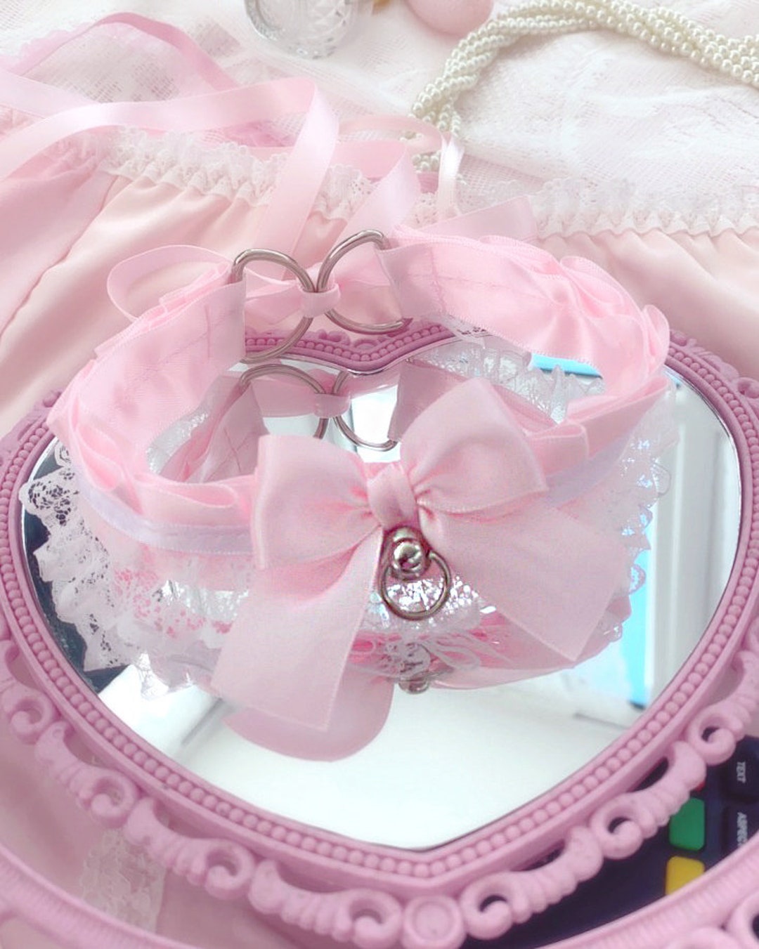 Kitten Pet Play Collar Baby Pink White Lace Bow Ring Choker Necklace ...